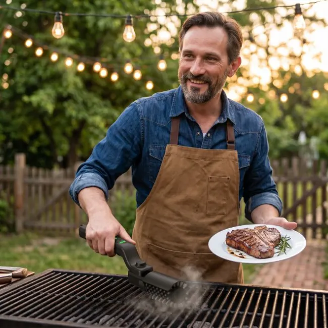 A backyard griller cleaning the grates with a motorized brush