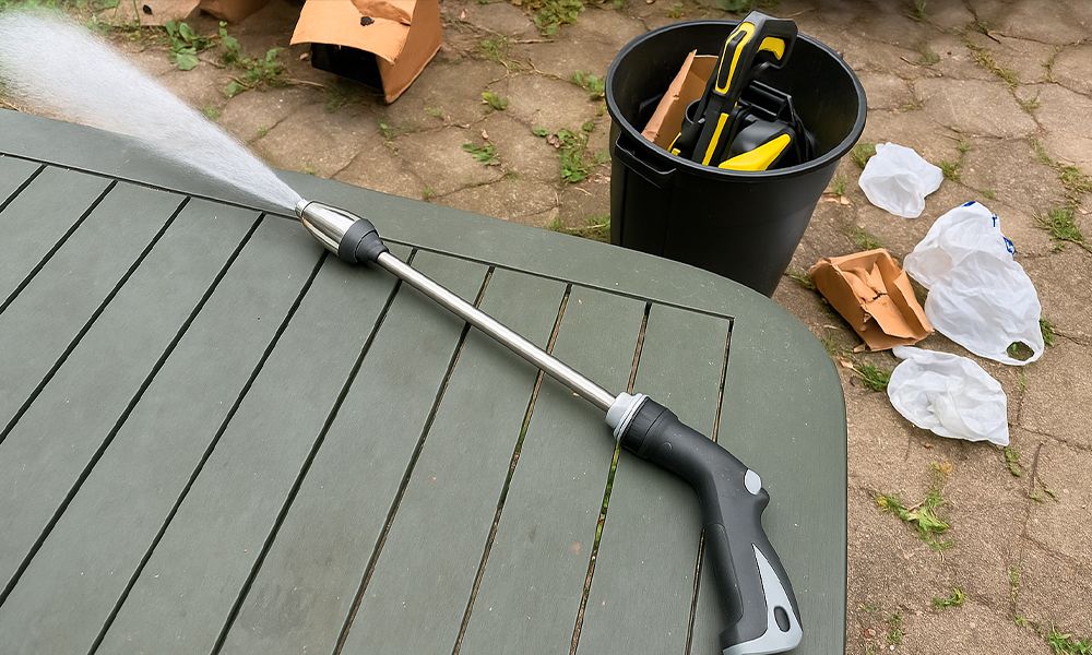 A compact portable pressure washer being used outdoors